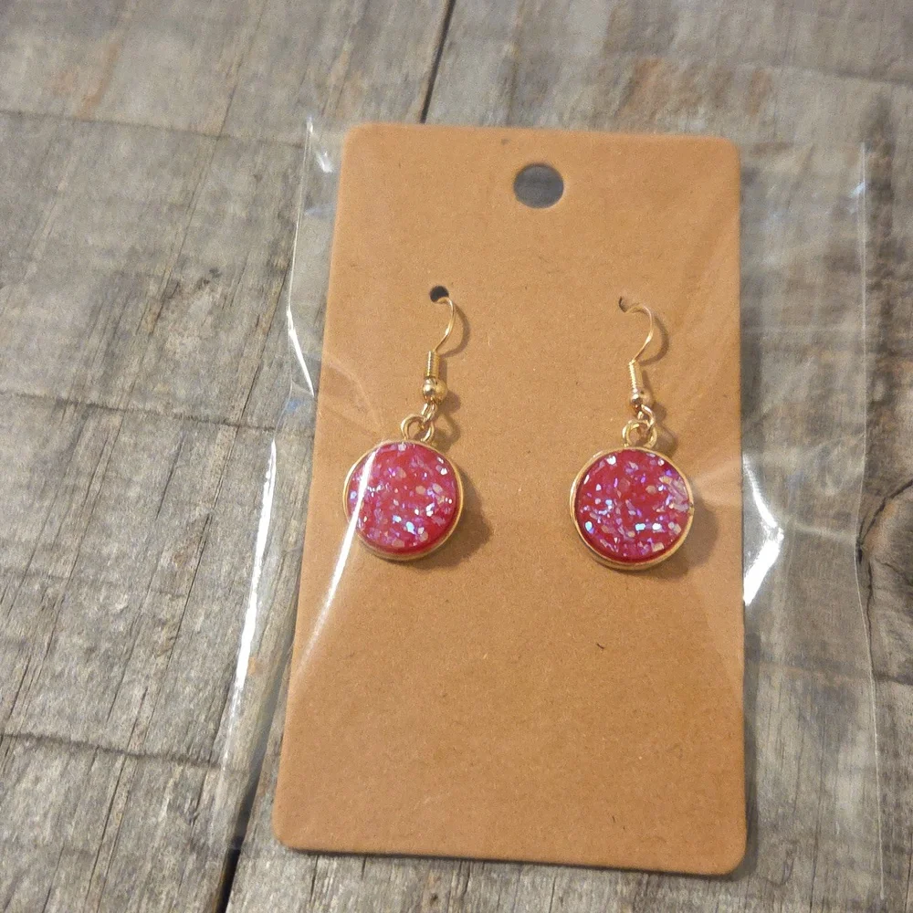 NEW Druzy Sparkly Drop Crystal Round Pendant Dangly Earrings Rose Pink & Gold